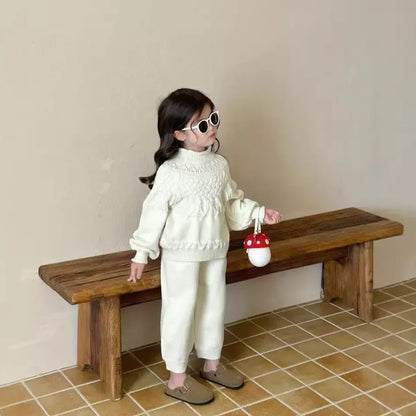 長袖セットアップ キッズセットアップ 2点セット ボトルネックニットセーター+ロングニットパンツ ベージュ【mh0007339】