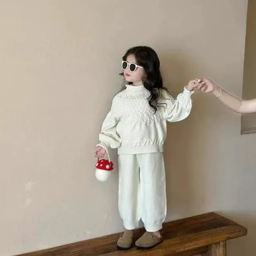 長袖セットアップ キッズセットアップ 2点セット ボトルネックニットセーター+ロングニットパンツ ベージュ【mh0007339】