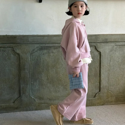 長袖セットアップ キッズセットアップ 2点セット ペプラムフリルドッキングフーディジッパー長袖スウェットパーカー+スウェットロングパンツ ピンク【mh0007344】