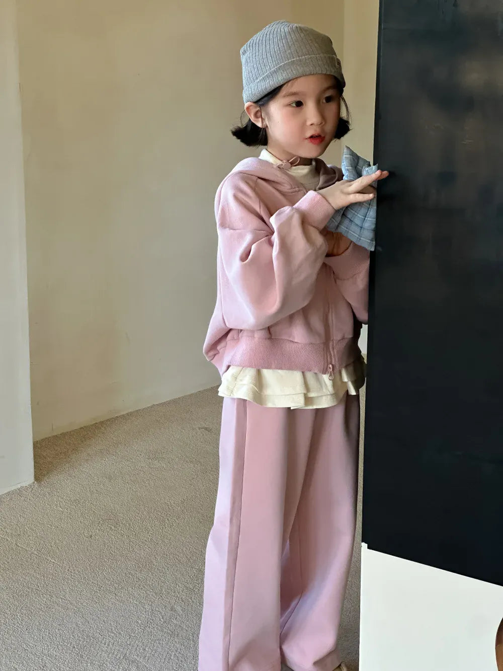 長袖セットアップ キッズセットアップ 2点セット ペプラムフリルドッキングフーディジッパー長袖スウェットパーカー+スウェットロングパンツ ピンク【mh0007344】