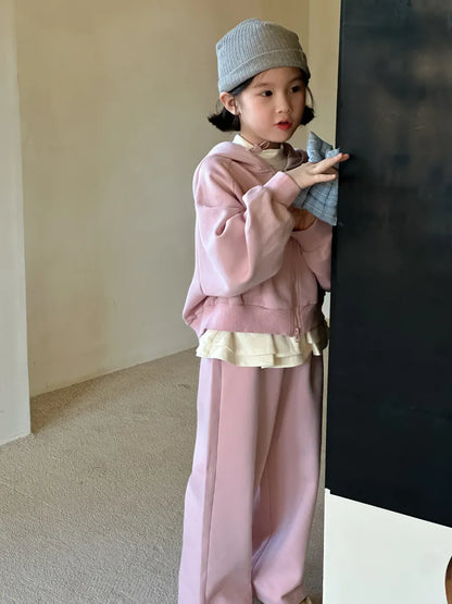 長袖セットアップ キッズセットアップ 2点セット ペプラムフリルドッキングフーディジッパー長袖スウェットパーカー+スウェットロングパンツ ピンク【mh0007344】