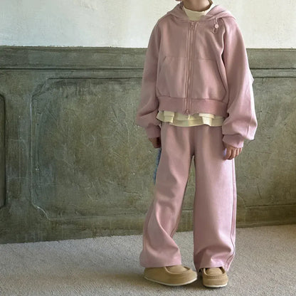 長袖セットアップ キッズセットアップ 2点セット ペプラムフリルドッキングフーディジッパー長袖スウェットパーカー+スウェットロングパンツ ピンク【mh0007344】