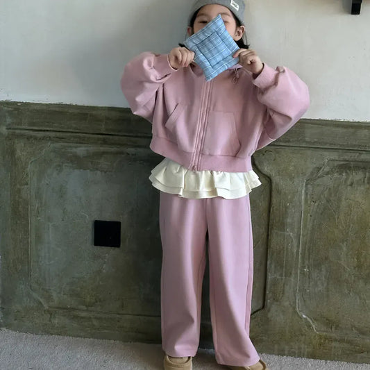 長袖セットアップ キッズセットアップ 2点セット ペプラムフリルドッキングフーディジッパー長袖スウェットパーカー+スウェットロングパンツ ピンク【mh0007344】