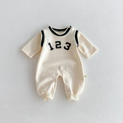 長袖ロンパース ベビージャンプスーツ ビブスドッキングナンバーロゴプリントスポーツ長袖ロンパース 2カラー【mh0007396】