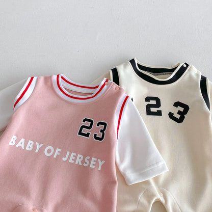 長袖ロンパース ベビージャンプスーツ ビブスドッキングナンバーロゴプリントスポーツ長袖ロンパース 2カラー【mh0007396】