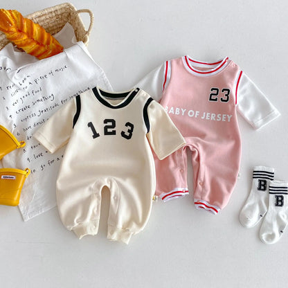 長袖ロンパース ベビージャンプスーツ ビブスドッキングナンバーロゴプリントスポーツ長袖ロンパース 2カラー【mh0007396】