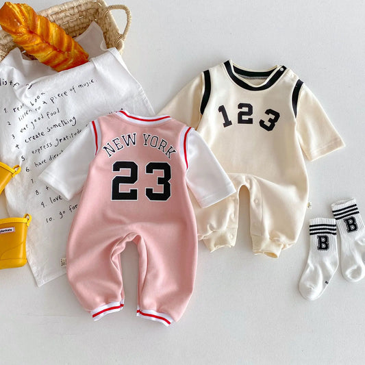 長袖ロンパース ベビージャンプスーツ ビブスドッキングナンバーロゴプリントスポーツ長袖ロンパース 2カラー【mh0007396】