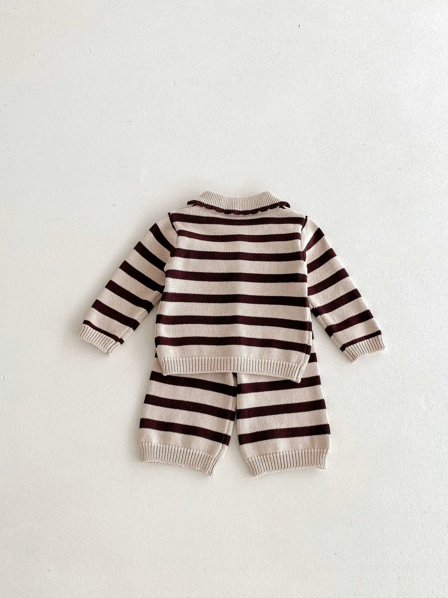 長袖セットアップ ベビーキッズカーディガン/パンツ ベアくまワッペンボーダー襟付きニットジャケット/ニットロングパンツ 2カラー【mh0007415】