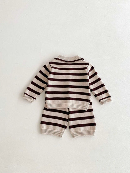 長袖セットアップ ベビーキッズカーディガン/パンツ ベアくまワッペンボーダー襟付きニットジャケット/ニットロングパンツ 2カラー【mh0007415】