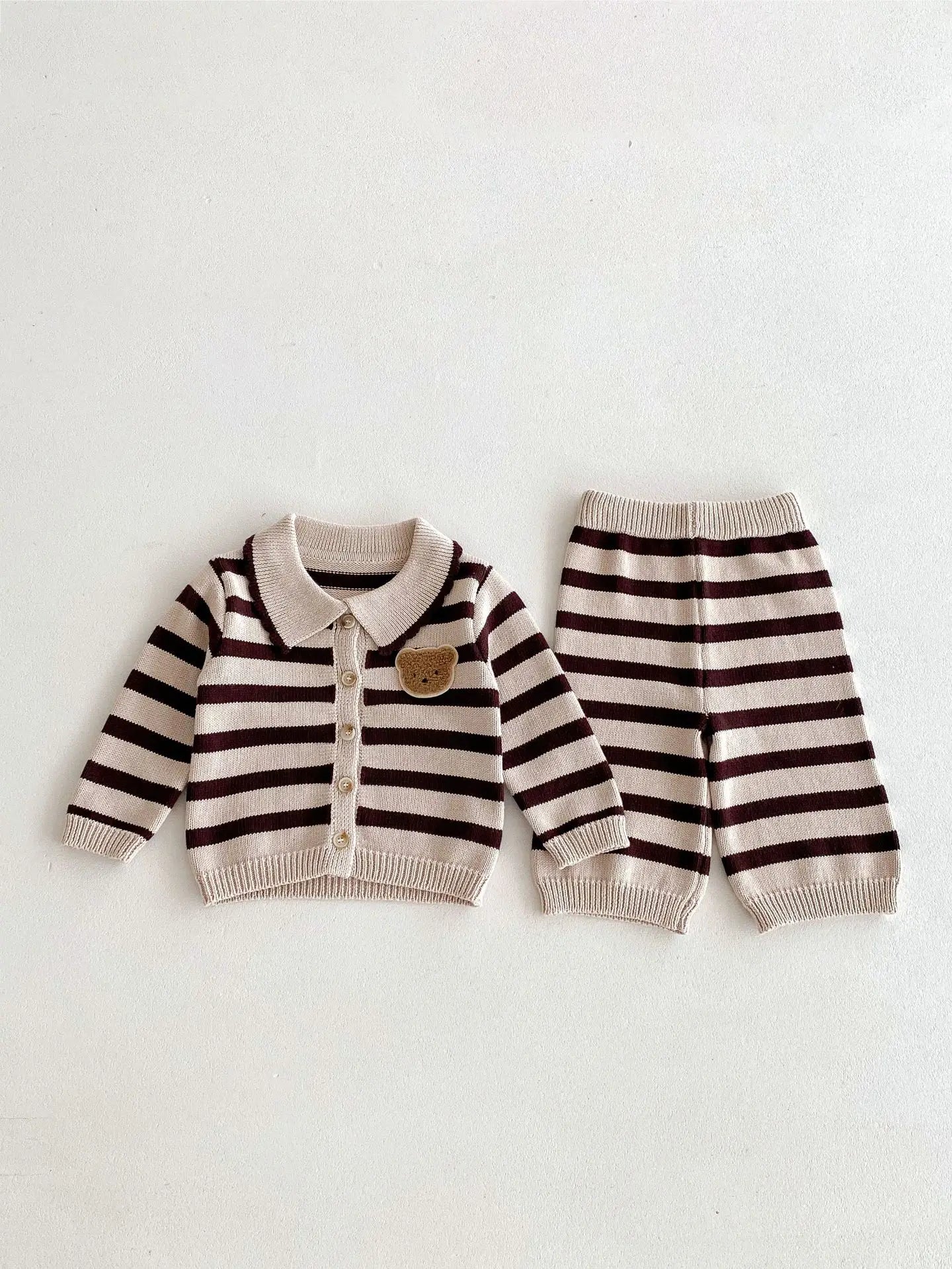 長袖セットアップ ベビーキッズカーディガン/パンツ ベアくまワッペンボーダー襟付きニットジャケット/ニットロングパンツ 2カラー【mh0007415】