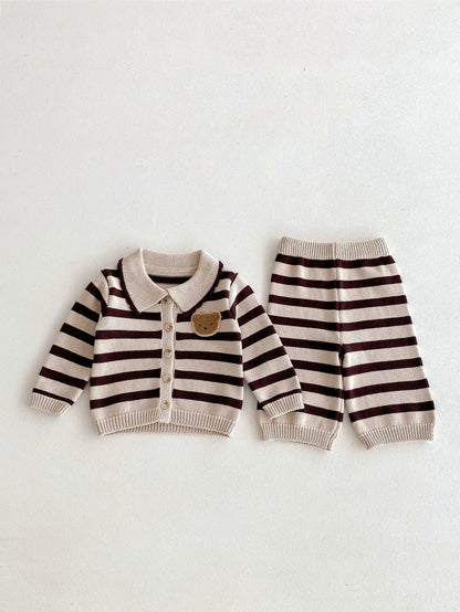 長袖セットアップ ベビーキッズカーディガン/パンツ ベアくまワッペンボーダー襟付きニットジャケット/ニットロングパンツ 2カラー【mh0007415】