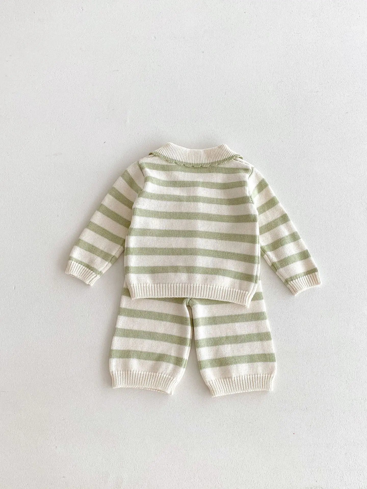 長袖セットアップ ベビーキッズカーディガン/パンツ ベアくまワッペンボーダー襟付きニットジャケット/ニットロングパンツ 2カラー【mh0007415】