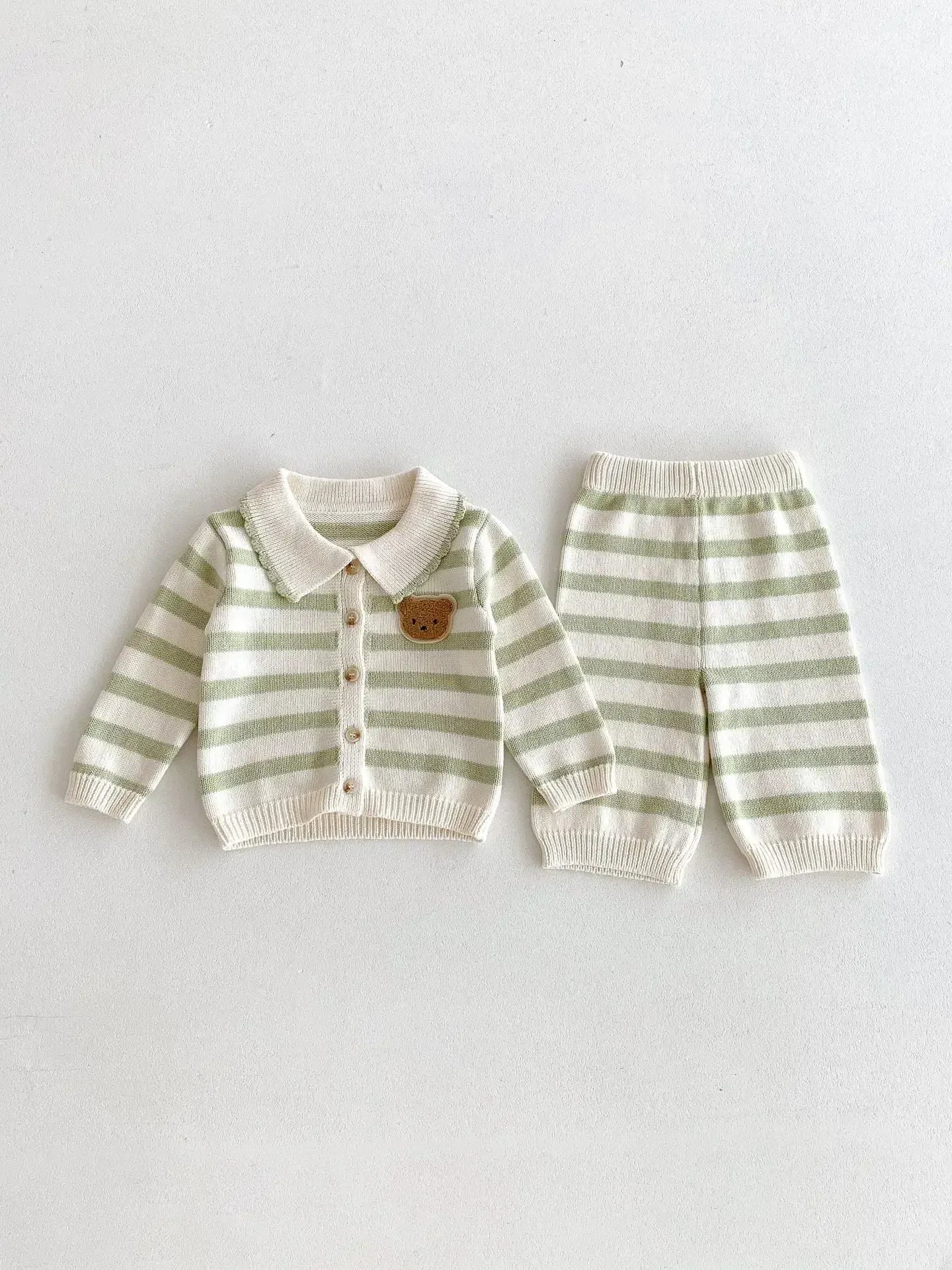 長袖セットアップ ベビーキッズカーディガン/パンツ ベアくまワッペンボーダー襟付きニットジャケット/ニットロングパンツ 2カラー【mh0007415】