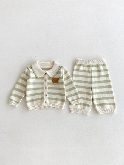 長袖セットアップ ベビーキッズカーディガン/パンツ ベアくまワッペンボーダー襟付きニットジャケット/ニットロングパンツ 2カラー【mh0007415】