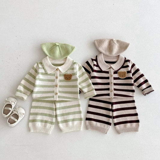 長袖セットアップ ベビーキッズカーディガン/パンツ ベアくまワッペンボーダー襟付きニットジャケット/ニットロングパンツ 2カラー【mh0007415】