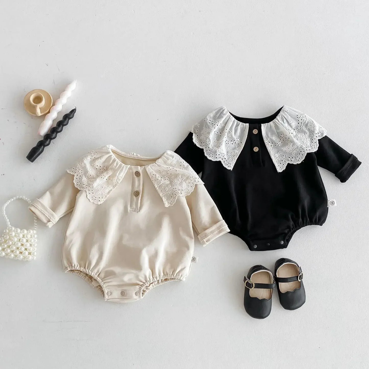 長袖ロンパース ベビーロンパース レースビッグ襟長袖ボディスーツ 2カラー【mh0007434】