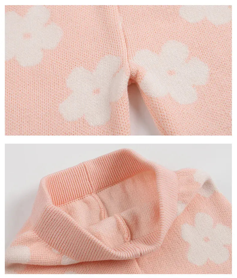 長袖セットアップ ベビーセットアップ 2点セット レトロフラワー長袖ニットセーター+ニットロングパンツ ピンク【mh0007446】