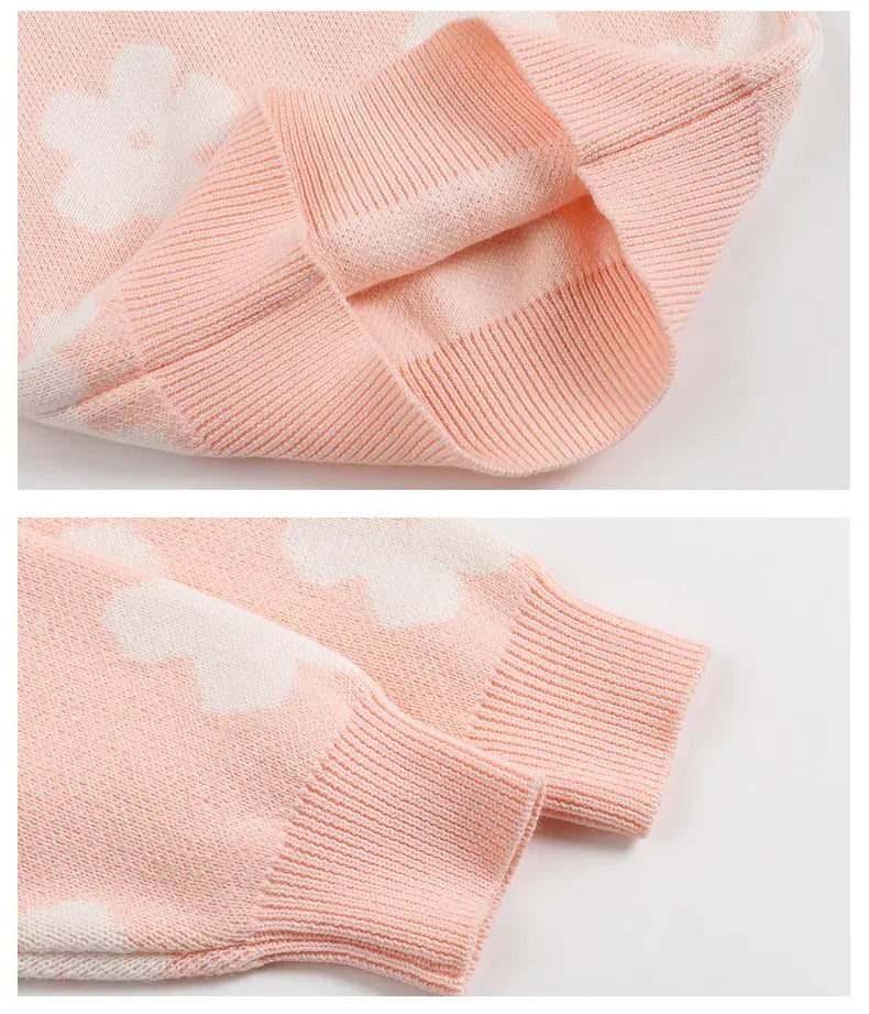 長袖セットアップ ベビーセットアップ 2点セット レトロフラワー長袖ニットセーター+ニットロングパンツ ピンク【mh0007446】