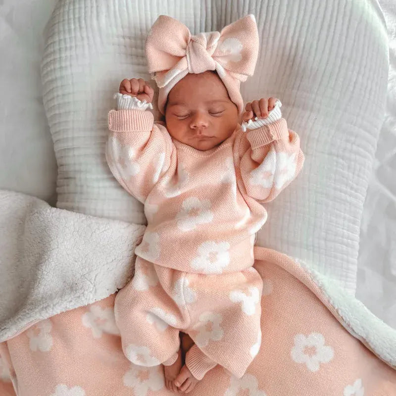 長袖セットアップ ベビーセットアップ 2点セット レトロフラワー長袖ニットセーター+ニットロングパンツ ピンク【mh0007446】