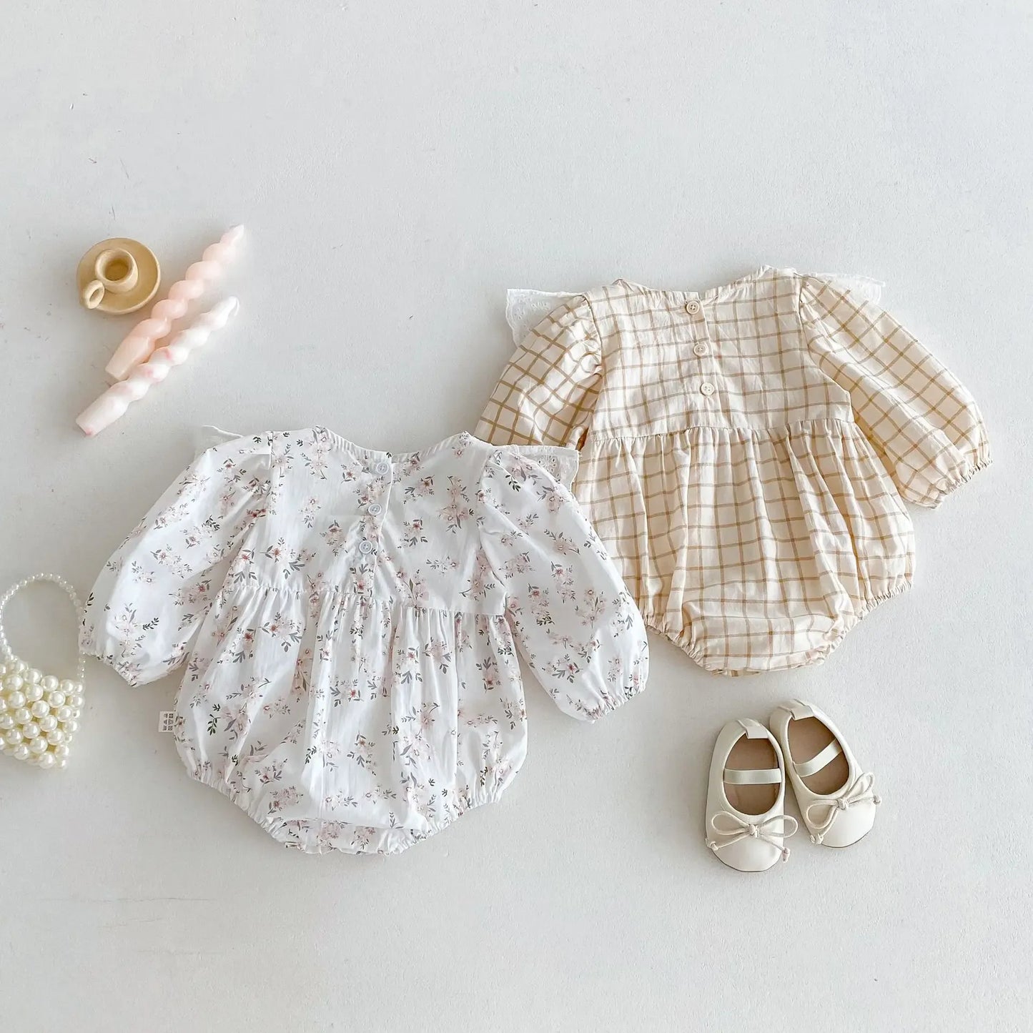 長袖ロンパース ベビーロンパース チェックビッグフリル長袖ボディスーツ 2カラー【mh0007466】