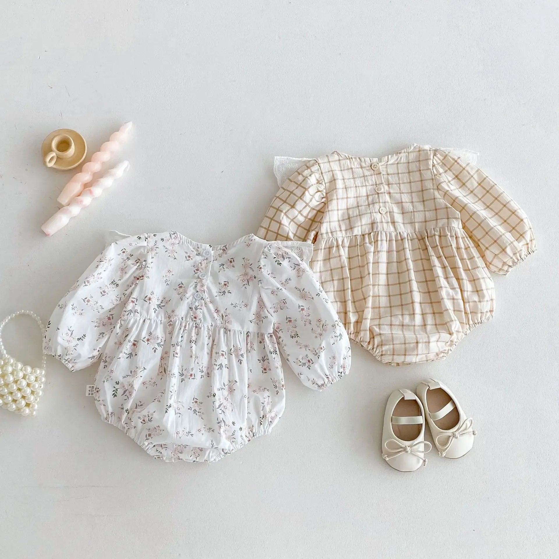 長袖ロンパース ベビーロンパース チェックビッグフリル長袖ボディスーツ 2カラー【mh0007466】