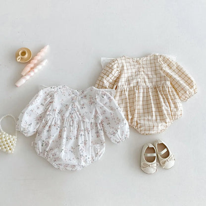 長袖ロンパース ベビーロンパース チェックビッグフリル長袖ボディスーツ 2カラー【mh0007466】