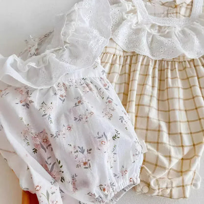 長袖ロンパース ベビーロンパース チェックビッグフリル長袖ボディスーツ 2カラー【mh0007466】