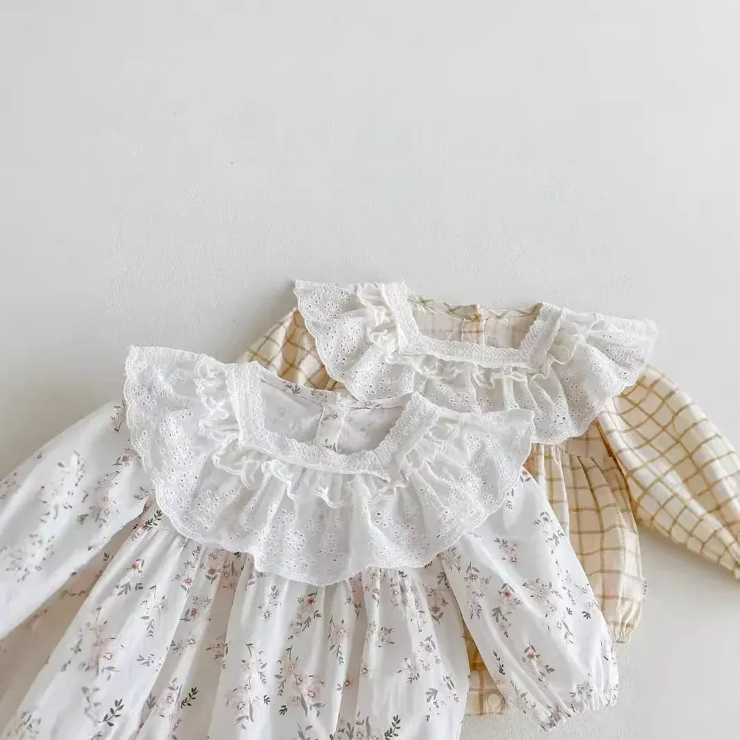 長袖ロンパース ベビーロンパース チェックビッグフリル長袖ボディスーツ 2カラー【mh0007466】