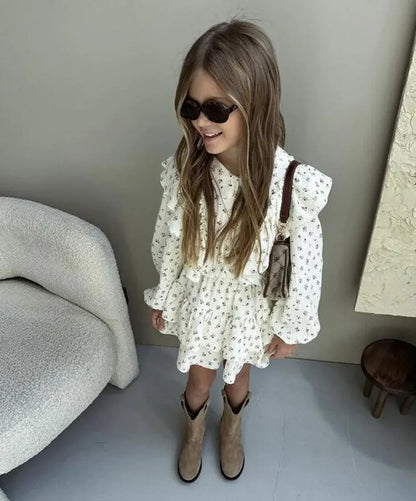 長袖セットアップ キッズセットアップ 2点セット フラワープリントフリル長袖ブラウス+ダブルフリルミニケーキスカート【mh0007495】