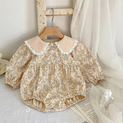 長袖ロンパース ベビーロンパース/キッズワンピース フリル襟フラワープリント長袖ボディスーツ/ワンピース リンクコーデ 姉妹 お揃いコーデ 2カラー【mh0007496】