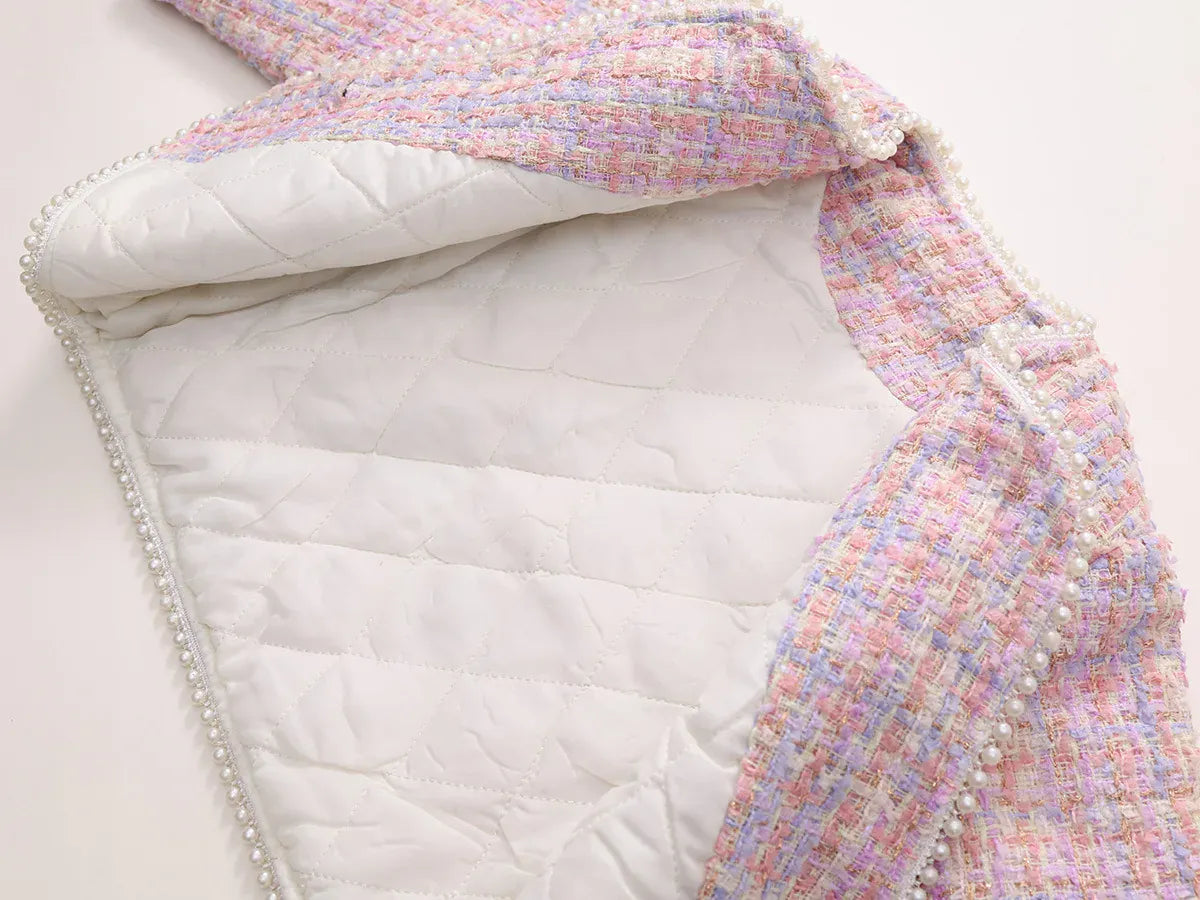 長袖セットアップ キッズスーツセットアップ 2点セット ツイードパールボタンジャケット+台形スカート 厚手/薄手 ピンク【mh0007498】