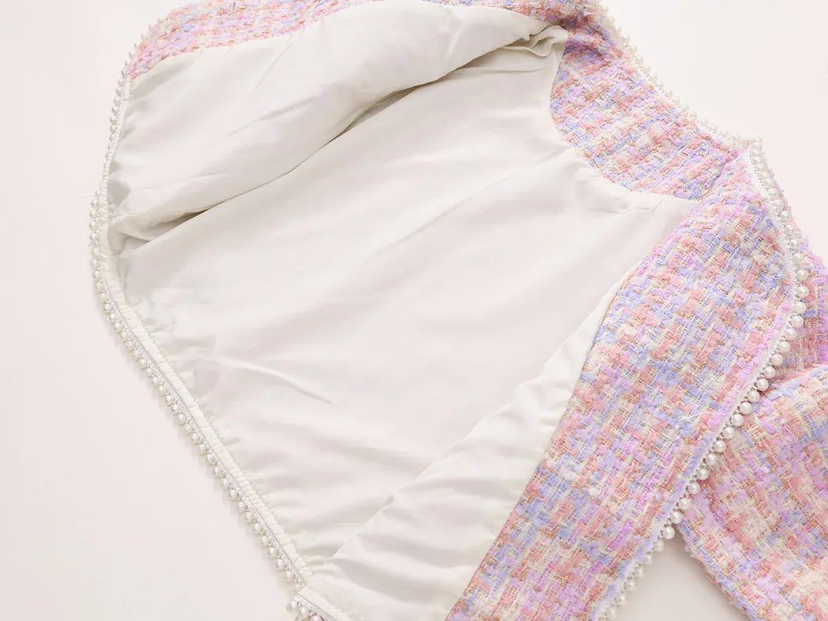 長袖セットアップ キッズスーツセットアップ 2点セット ツイードパールボタンジャケット+台形スカート 厚手/薄手 ピンク【mh0007498】