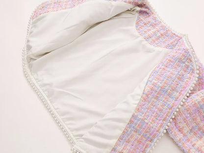 長袖セットアップ キッズスーツセットアップ 2点セット ツイードパールボタンジャケット+台形スカート 厚手/薄手 ピンク【mh0007498】