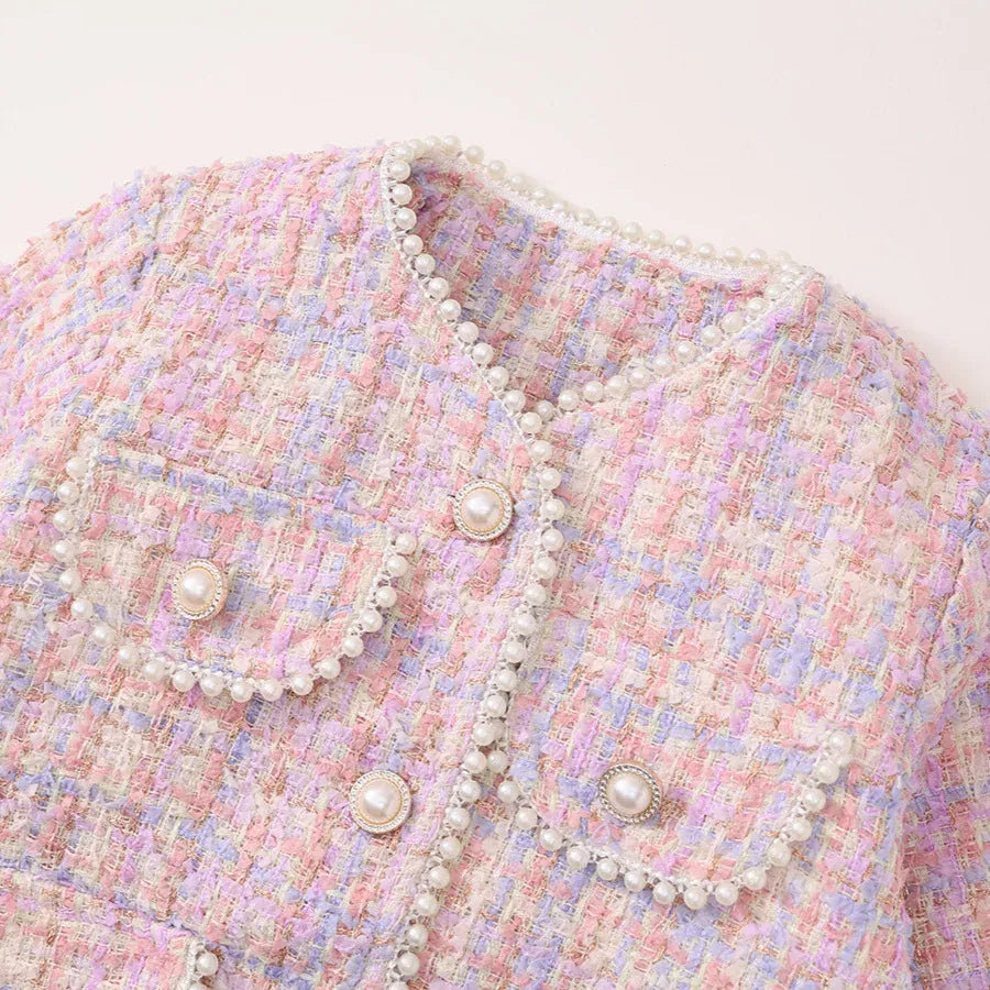 長袖セットアップ キッズスーツセットアップ 2点セット ツイードパールボタンジャケット+台形スカート 厚手/薄手 ピンク【mh0007498】
