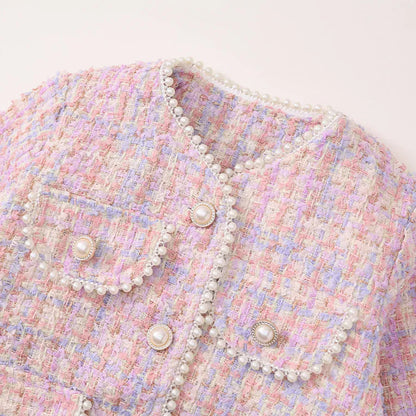 長袖セットアップ キッズスーツセットアップ 2点セット ツイードパールボタンジャケット+台形スカート 厚手/薄手 ピンク【mh0007498】