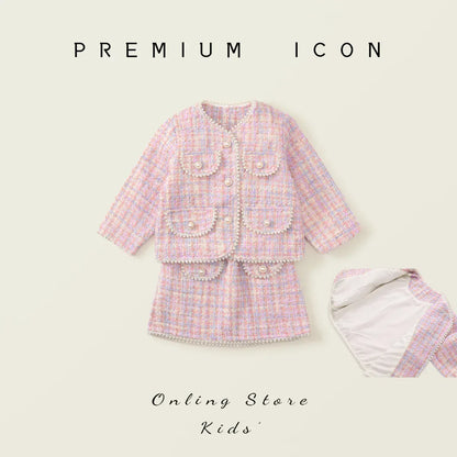 長袖セットアップ キッズスーツセットアップ 2点セット ツイードパールボタンジャケット+台形スカート 厚手/薄手 ピンク【mh0007498】
