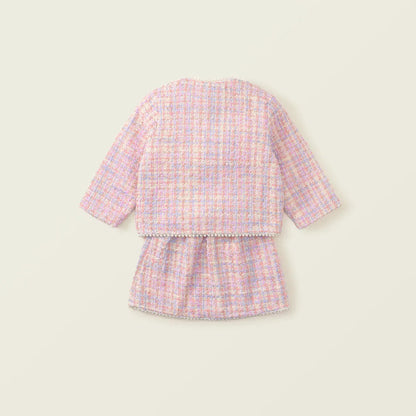 長袖セットアップ キッズスーツセットアップ 2点セット ツイードパールボタンジャケット+台形スカート 厚手/薄手 ピンク【mh0007498】