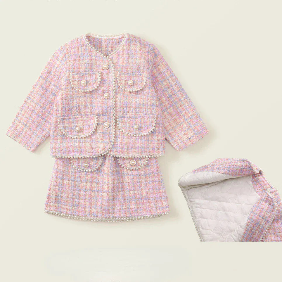 長袖セットアップ キッズスーツセットアップ 2点セット ツイードパールボタンジャケット+台形スカート 厚手/薄手 ピンク【mh0007498】