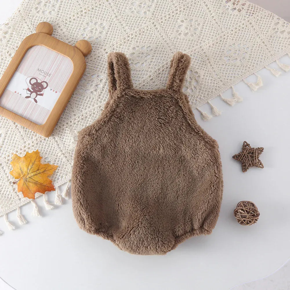 ノースリーブロンパース ベビーロンパース ファーフリースベアくま刺繍サスペンダーボディスーツ 2カラー【mh0007500】