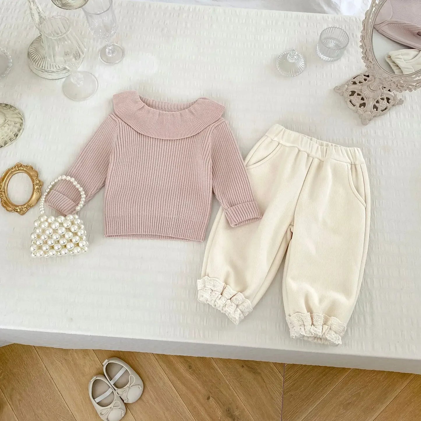 ロングパンツ・スウェットパンツ ベビーキッズパンツ 裾レースフリル裏フリースロングスウェットパンツ 2カラー【mh0007512】