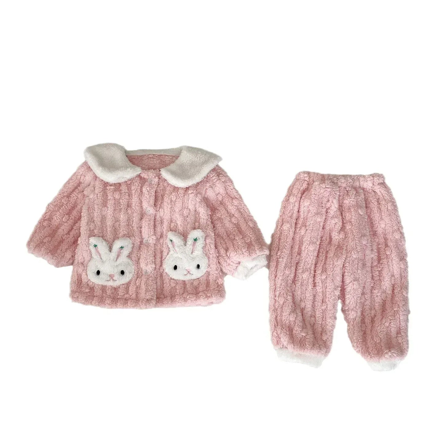 長袖パジャマ ベビーキッズパジャマセット くまベア/うさぎバニー耳付きフリースカーディガントップス+ロングパンツ 防寒ルームウェア2カラー【mh0007514】