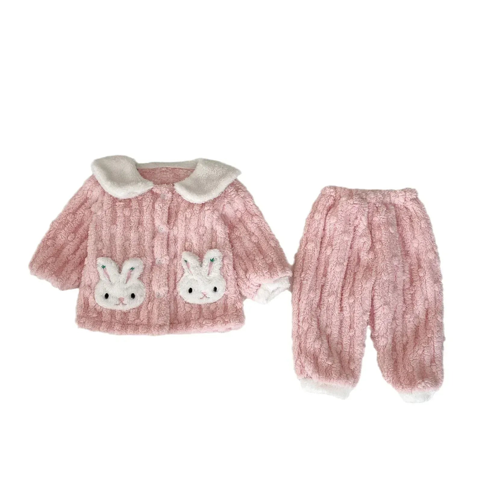 長袖パジャマ ベビーキッズパジャマセット くまベア/うさぎバニー耳付きフリースカーディガントップス+ロングパンツ 防寒ルームウェア2カラー【mh0007514】