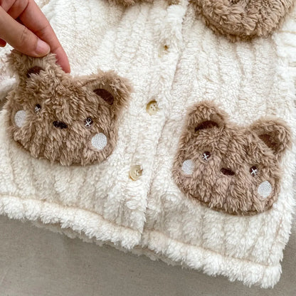 長袖パジャマ ベビーキッズパジャマセット くまベア/うさぎバニー耳付きフリースカーディガントップス+ロングパンツ 防寒ルームウェア2カラー【mh0007514】