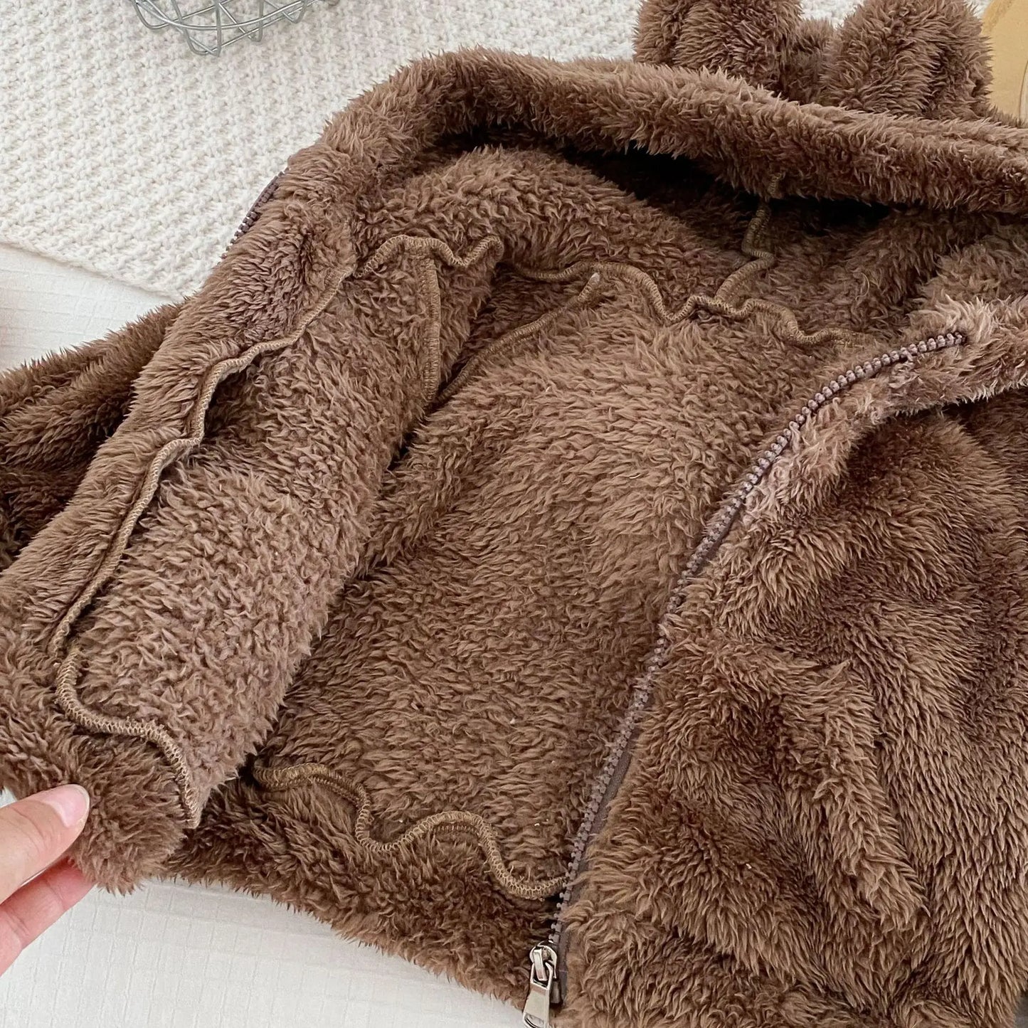 カーディガン・パーカー ベビーキッズアウター ファーフリースベアくま耳付きフーディジッパーパーカージャケット 2カラー【mh0007516】