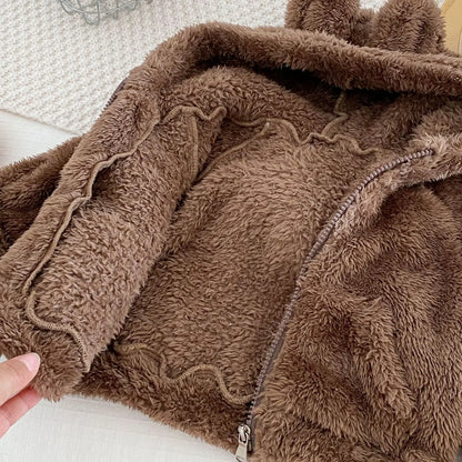 カーディガン・パーカー ベビーキッズアウター ファーフリースベアくま耳付きフーディジッパーパーカージャケット 2カラー【mh0007516】