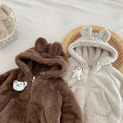 カーディガン・パーカー ベビーキッズアウター ファーフリースベアくま耳付きフーディジッパーパーカージャケット 2カラー【mh0007516】