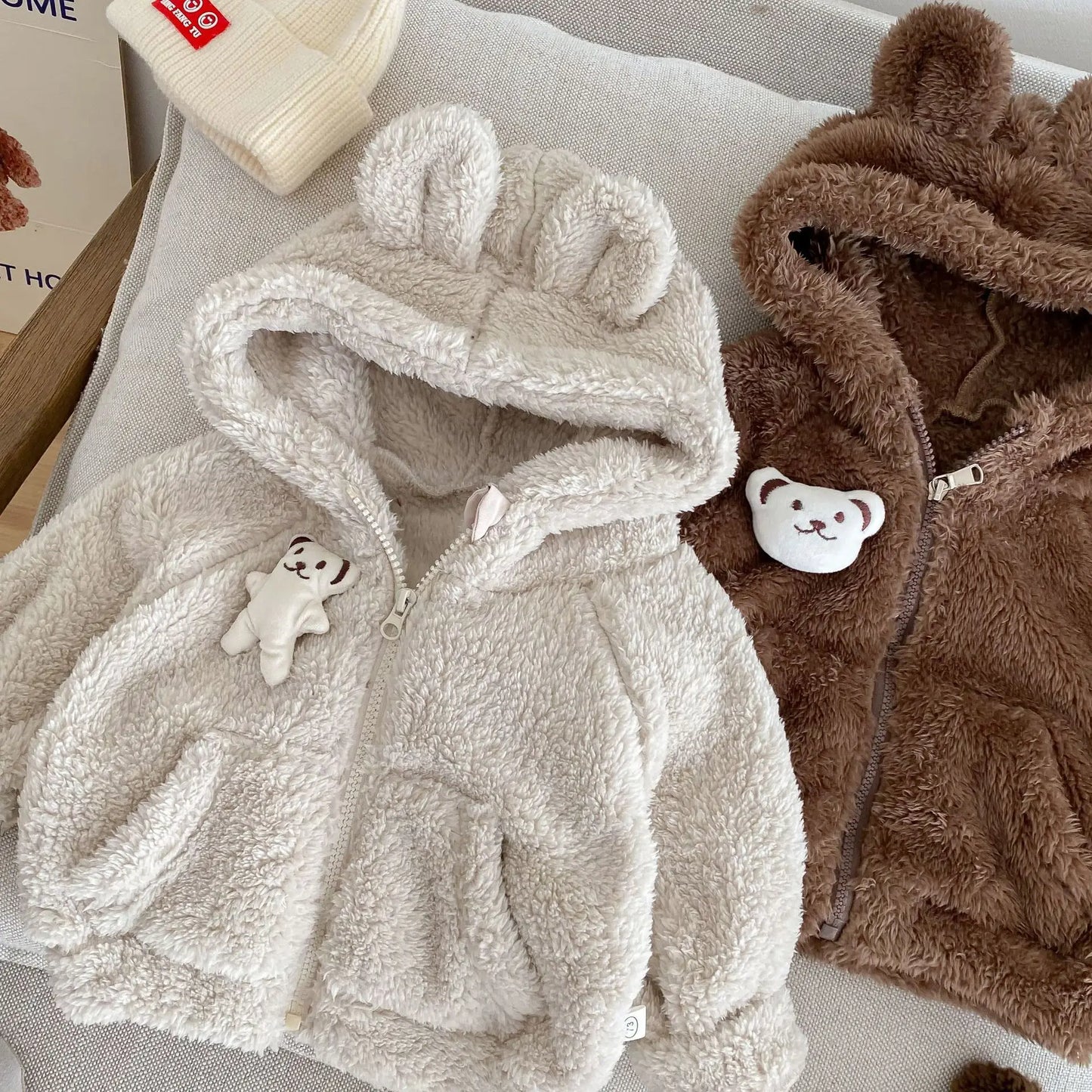 カーディガン・パーカー ベビーキッズアウター ファーフリースベアくま耳付きフーディジッパーパーカージャケット 2カラー【mh0007516】