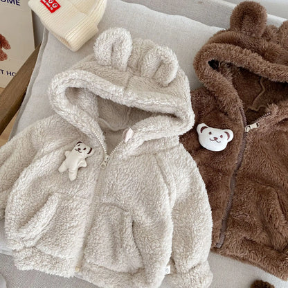カーディガン・パーカー ベビーキッズアウター ファーフリースベアくま耳付きフーディジッパーパーカージャケット 2カラー【mh0007516】