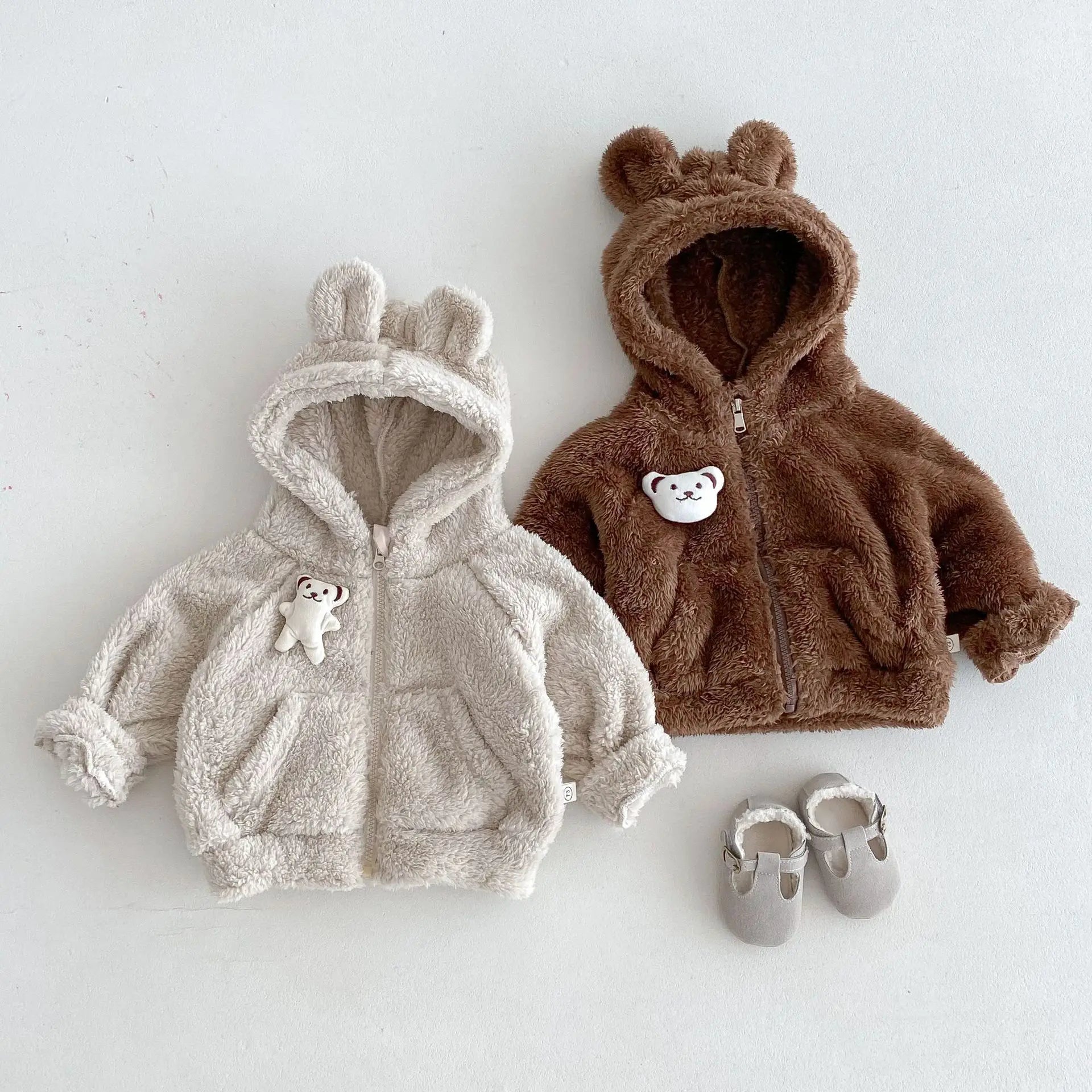 カーディガン・パーカー ベビーキッズアウター ファーフリースベアくま耳付きフーディジッパーパーカージャケット 2カラー【mh0007516】