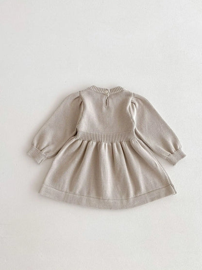 長袖ワンピース ベビーキッズワンピース フラワーブーケ刺繍ニット長袖ワンピース 2カラー【mh0007612】